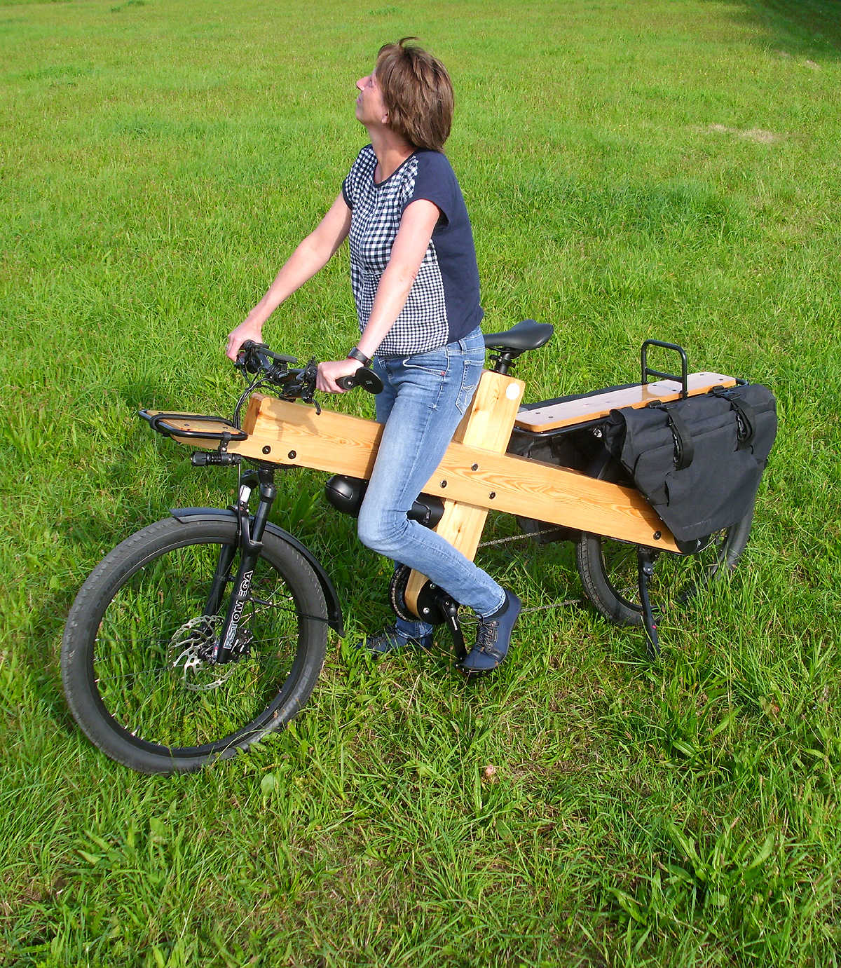 Bauanleitung Lastenfahrrad E-bike Woodi mit Holz Rahmen und Multicharger Packtaschen am Heckträger