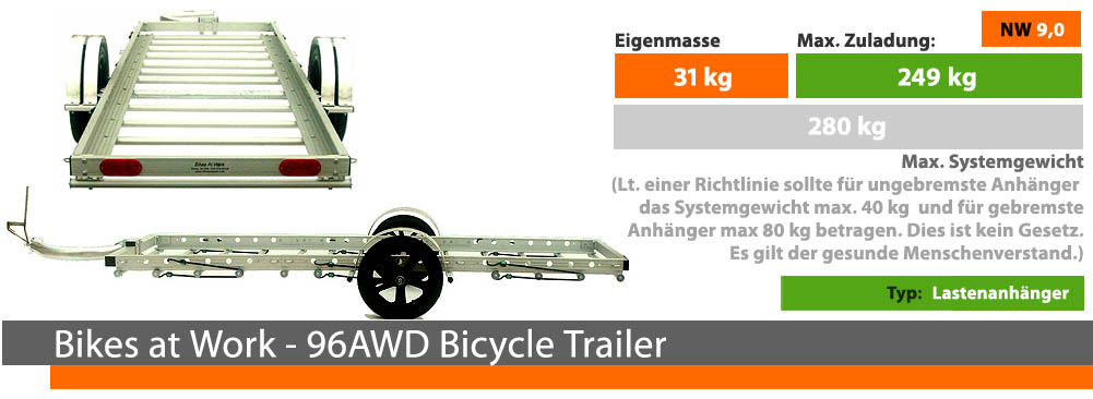 Der bikes-at-work 96awd-bicycle-trailer hat eine Zuladung von über 200 kg