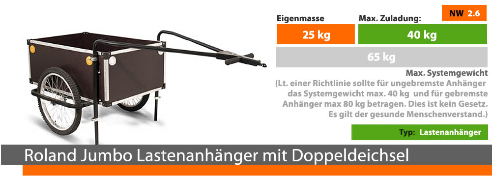 Der Roland-jumbo Lastenanhänger mit Doppeldeichsel bietet eine Zuladung von fast 50 kg